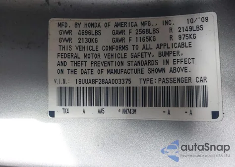 2010 Acura Tl 3.5 z USA, uszkodzony, nr VIN 19UUA8F28AA003375